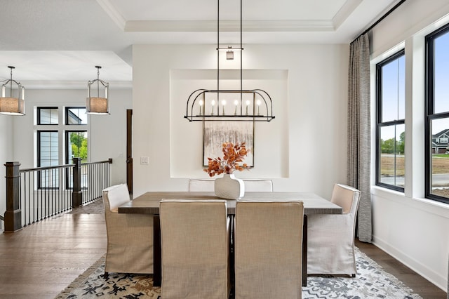 dining area with a raised ceiling and hardwood / wood-style floors