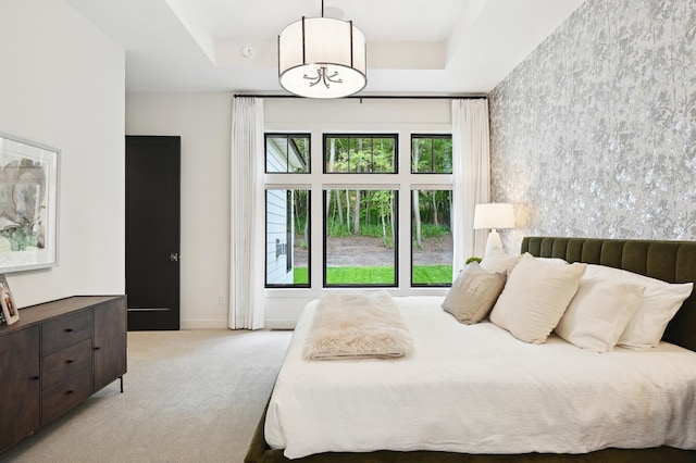 carpeted bedroom with a raised ceiling