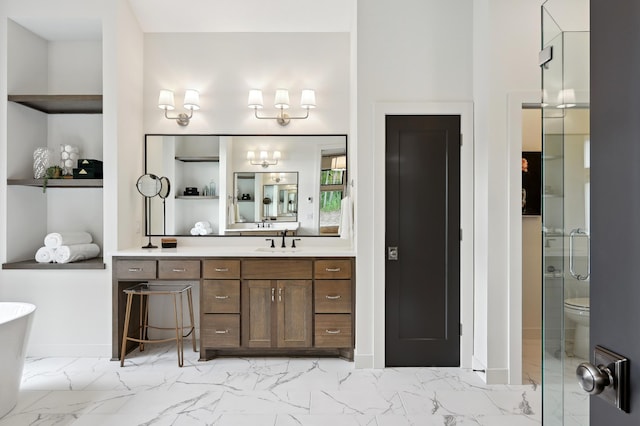 full bathroom featuring vanity, toilet, and plus walk in shower