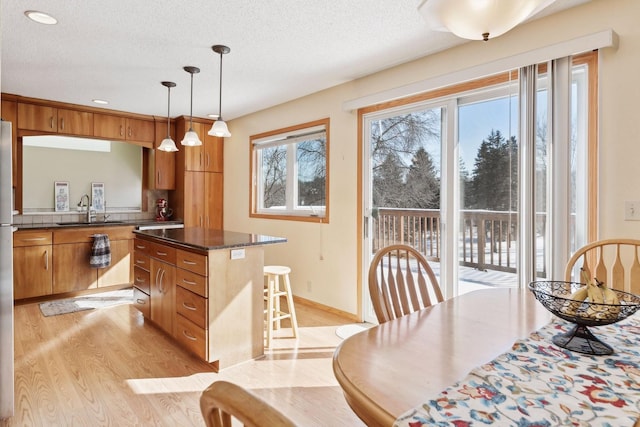 dining room with sink, a textured ceiling, and light hardwood / wood-style floors