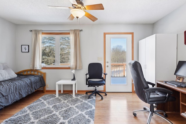 bedroom with multiple windows, access to exterior, a textured ceiling, and wood-type flooring