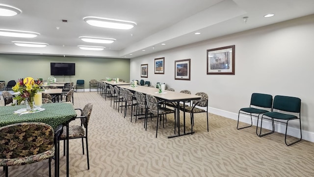 dining room with recessed lighting, carpet flooring, and baseboards