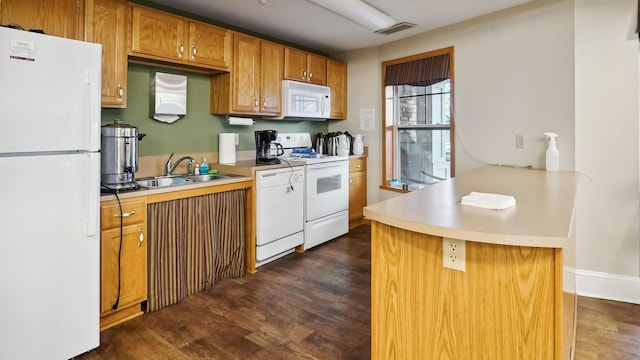 kitchen featuring light countertops, dark wood-type flooring, a sink, white appliances, and a peninsula