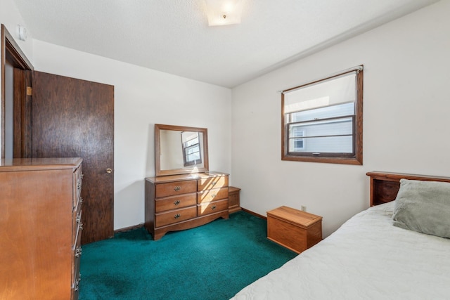 bedroom featuring dark colored carpet