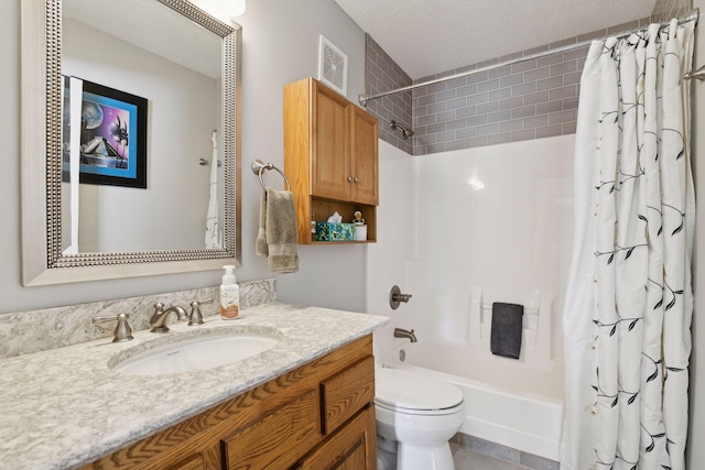 full bathroom featuring toilet, shower / tub combo, a textured ceiling, vanity, and tile patterned flooring