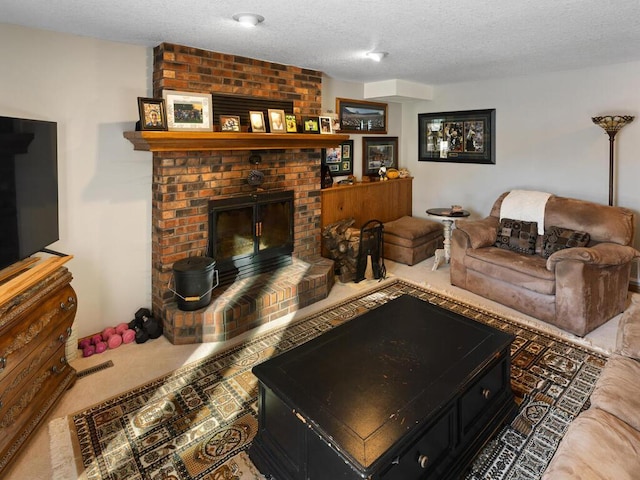 carpeted living room featuring a fireplace and a textured ceiling