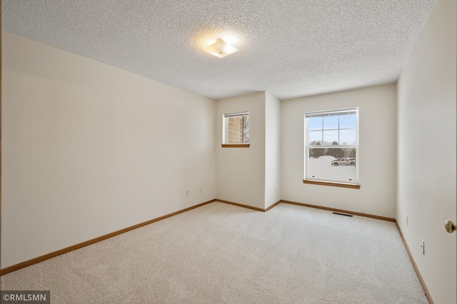 empty room featuring light colored carpet and a textured ceiling