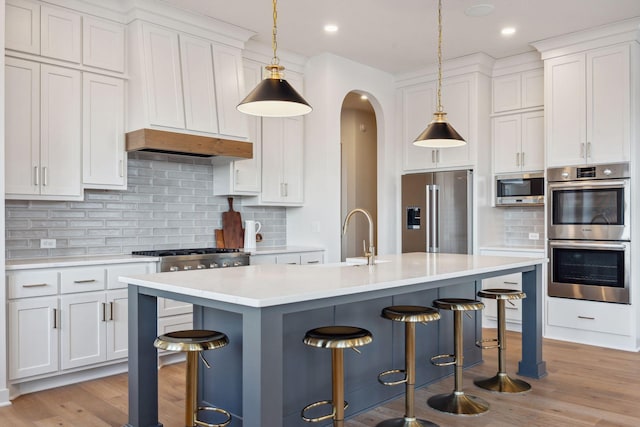 4718 Ordell Trl N, Stillwater, MN 55082 - kitchen featuring stainless steel appliances, light countertops, a sink, tasteful backsplash, and light wood finished floors