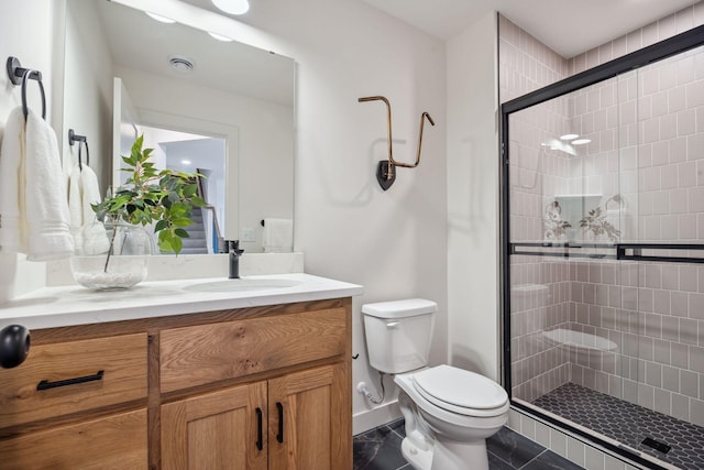4718 Ordell Trl N, Stillwater, MN 55082 - full bathroom featuring toilet, a stall shower, baseboards, vanity, and tile patterned flooring
