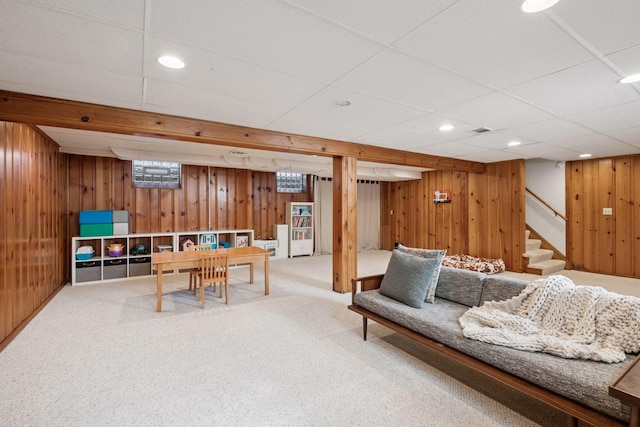 recreation room featuring recessed lighting, wood walls, visible vents, and carpet