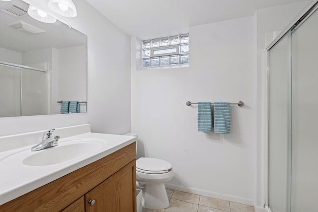 full bath featuring vanity, visible vents, tile patterned flooring, a shower stall, and toilet