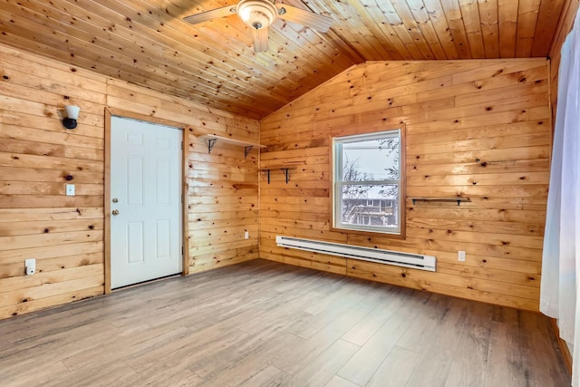 additional living space featuring a baseboard radiator, lofted ceiling, wood-type flooring, ceiling fan, and wood ceiling