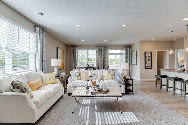 living room featuring light wood-type flooring, a wealth of natural light, and a textured ceiling