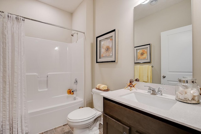 full bathroom featuring toilet, shower / bath combination with curtain, and vanity