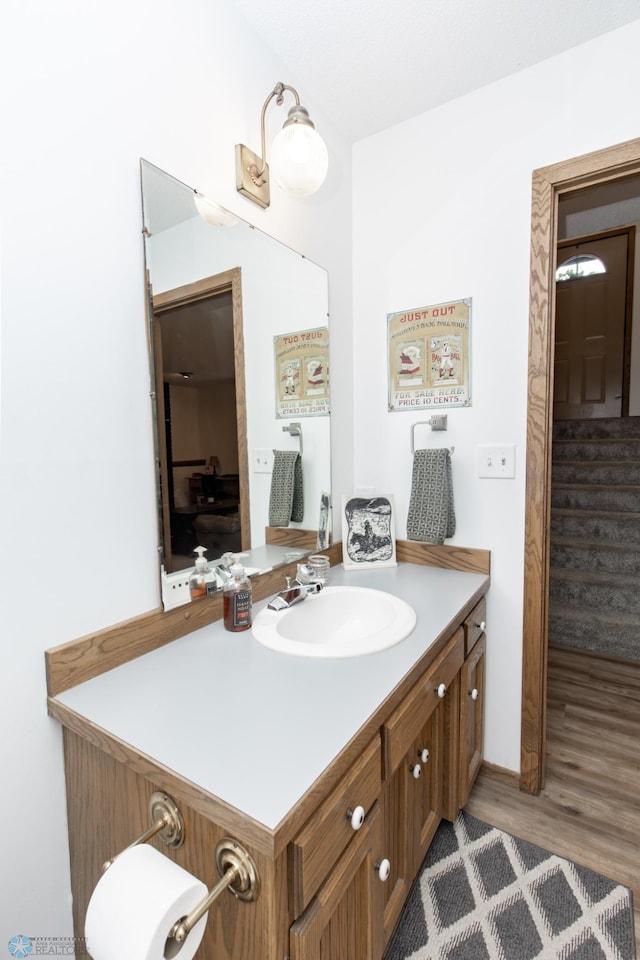 bathroom featuring vanity and wood-type flooring