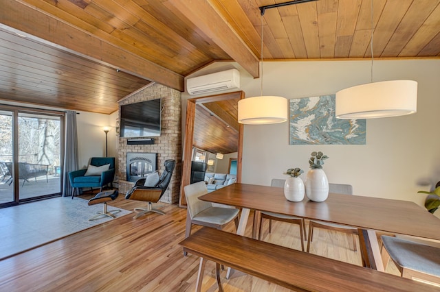 dining space with vaulted ceiling with beams, wooden ceiling, and an AC wall unit