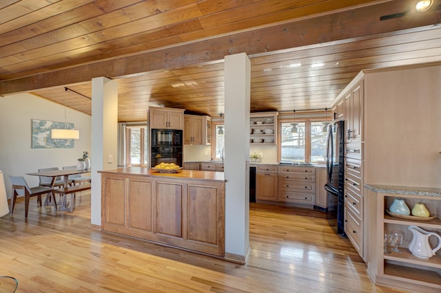 kitchen with lofted ceiling with beams, light wood-style flooring, wooden ceiling, black appliances, and open shelves