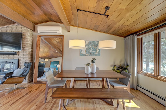 dining room with lofted ceiling with beams, a baseboard radiator, wood ceiling, and a wall mounted AC