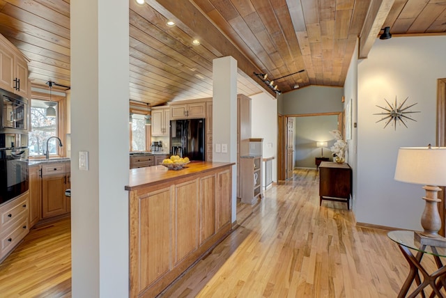 kitchen with wooden ceiling, black appliances, light wood-type flooring, and lofted ceiling