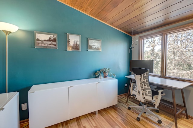 office space with baseboards, wood finished floors, wooden ceiling, and vaulted ceiling