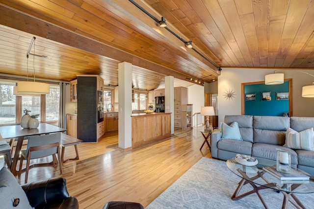 living area featuring vaulted ceiling, light wood-style flooring, wood ceiling, and track lighting