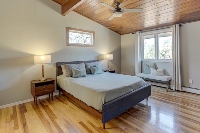 bedroom with multiple windows, vaulted ceiling with beams, wood ceiling, and light wood-type flooring