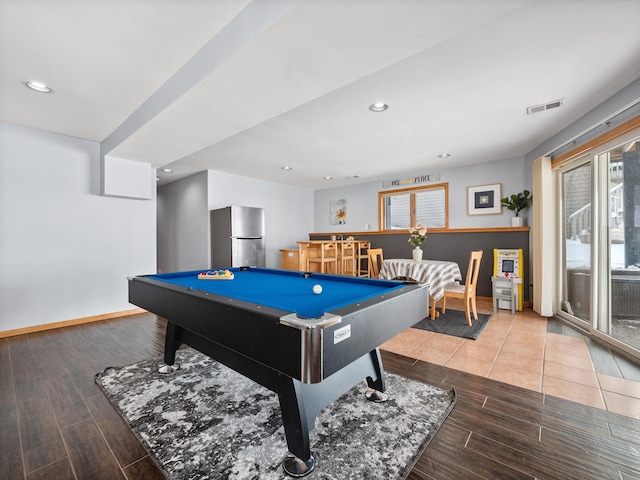 game room featuring recessed lighting, billiards, visible vents, baseboards, and wood tiled floor