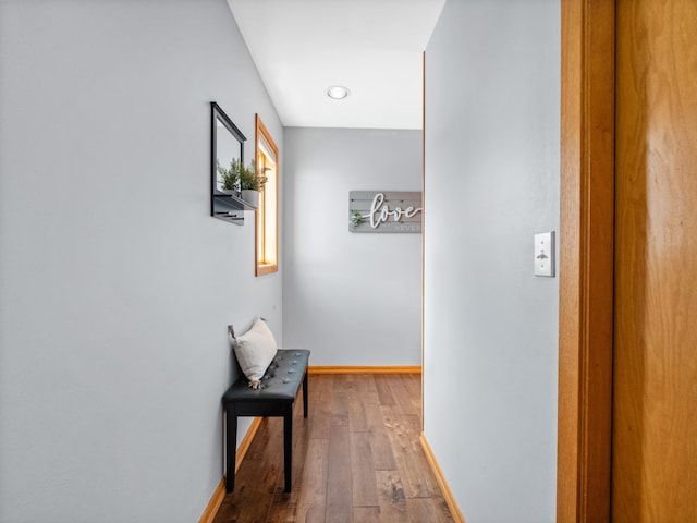 hallway with baseboards and wood finished floors