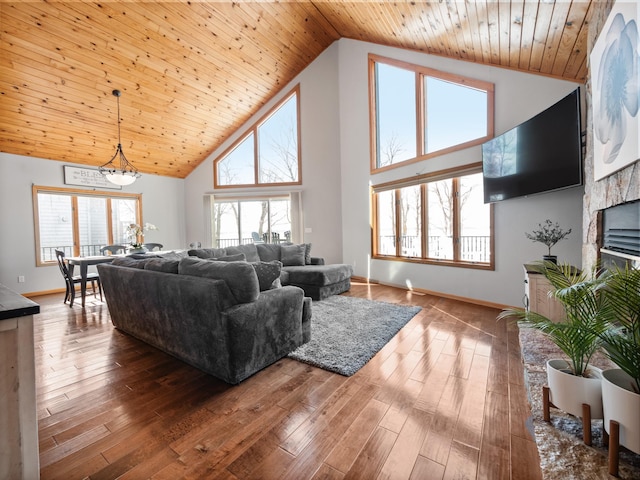 living area featuring a healthy amount of sunlight, wood ceiling, high vaulted ceiling, and wood finished floors