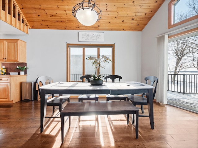 dining area featuring high vaulted ceiling, wooden ceiling, and dark wood-style flooring