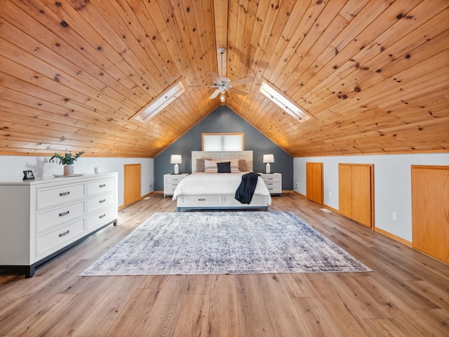 unfurnished bedroom featuring baseboards, vaulted ceiling with skylight, ceiling fan, wood ceiling, and light wood-type flooring