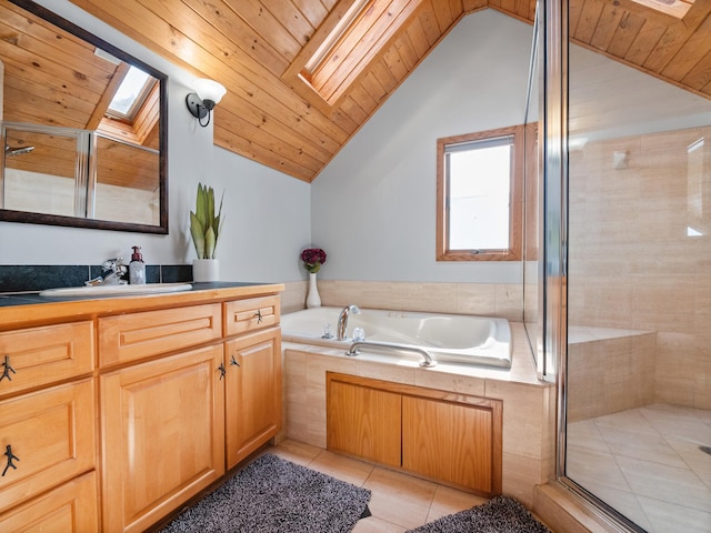 bathroom featuring tile patterned flooring, vaulted ceiling with skylight, wood ceiling, and a stall shower