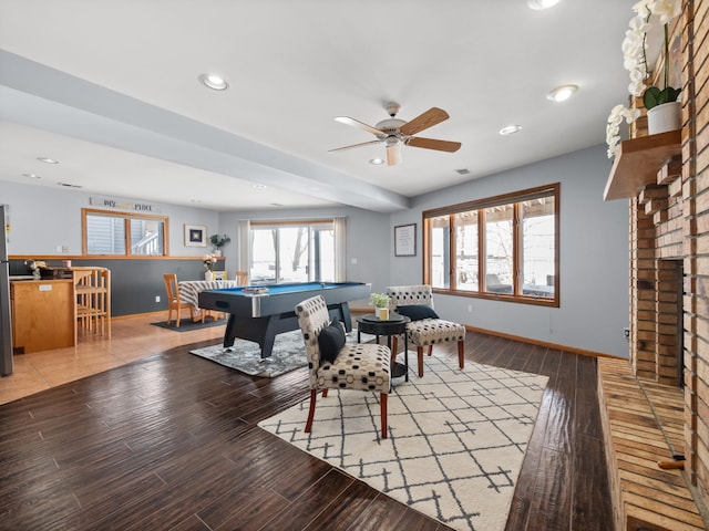playroom featuring baseboards, light wood finished floors, recessed lighting, ceiling fan, and pool table