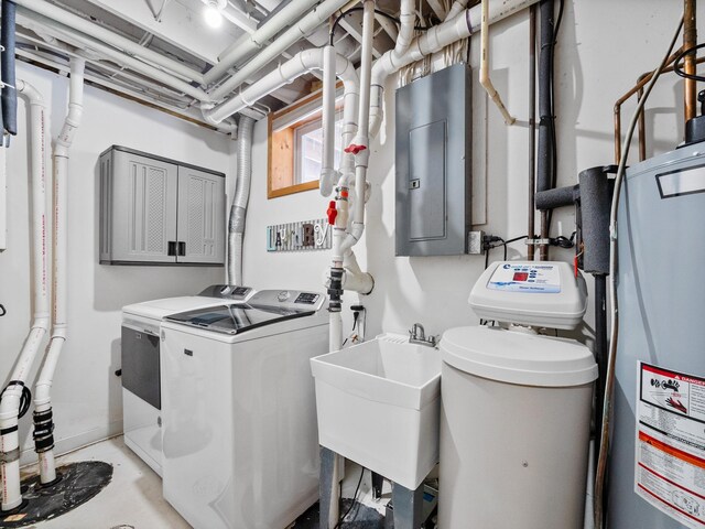 laundry area with electric panel, laundry area, washing machine and dryer, and a sink