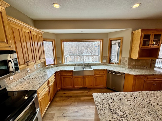 kitchen featuring stainless steel appliances, a sink, backsplash, and light wood finished floors