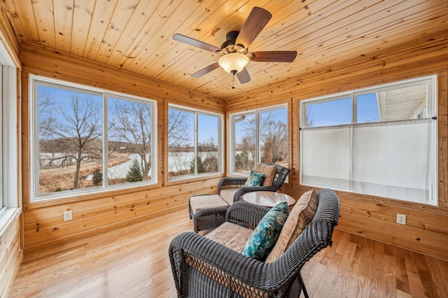 living area featuring a ceiling fan, wood finished floors, wood ceiling, and wooden walls