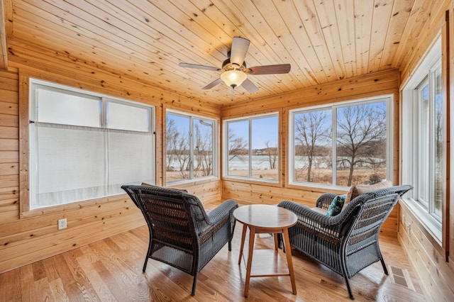 living area with light wood finished floors, visible vents, wood ceiling, ceiling fan, and wood walls