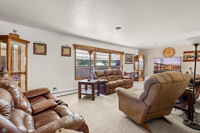 carpeted living room featuring a textured ceiling and a baseboard radiator