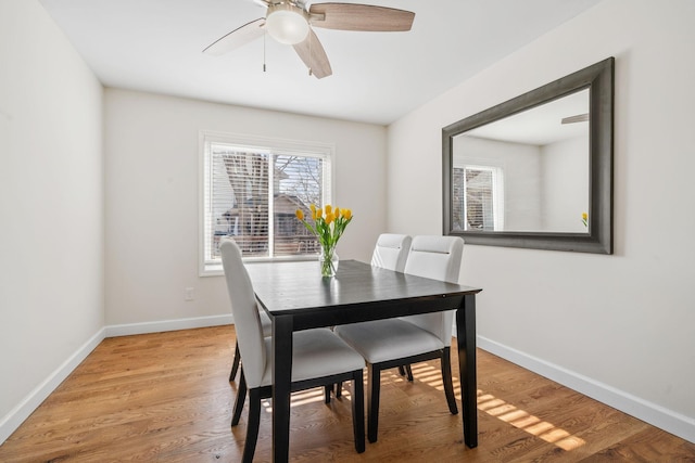 dining room with baseboards, a ceiling fan, and light wood-style floors