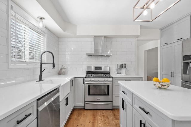 kitchen featuring a sink, backsplash, stainless steel appliances, wall chimney exhaust hood, and light wood finished floors