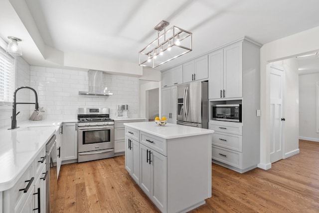 kitchen with decorative backsplash, light wood-style floors, stainless steel appliances, wall chimney exhaust hood, and a sink