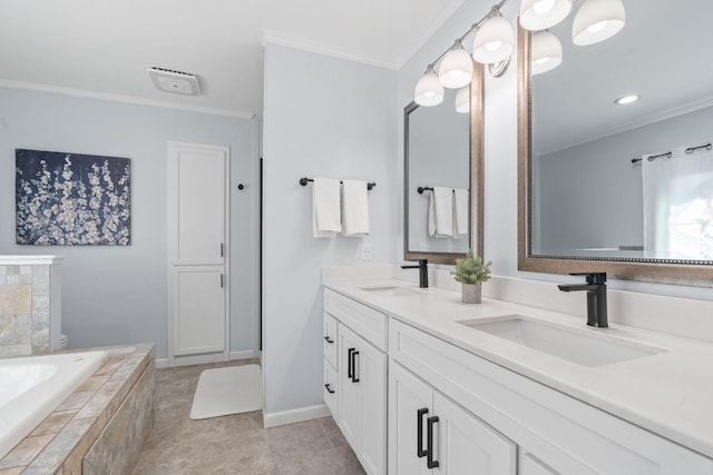 bathroom featuring crown molding, double vanity, tiled bath, and a sink