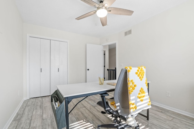 office area featuring light wood-style floors, a ceiling fan, visible vents, and baseboards