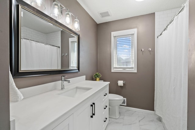 full bathroom featuring vanity, visible vents, baseboards, toilet, and marble finish floor