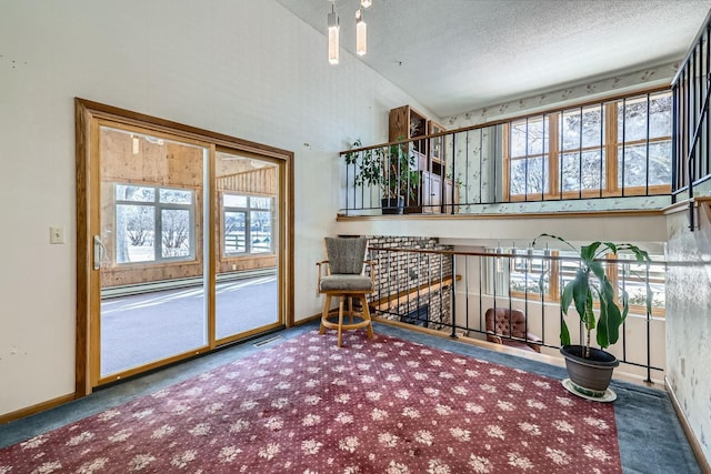 sitting room featuring carpet, a textured ceiling, and a healthy amount of sunlight