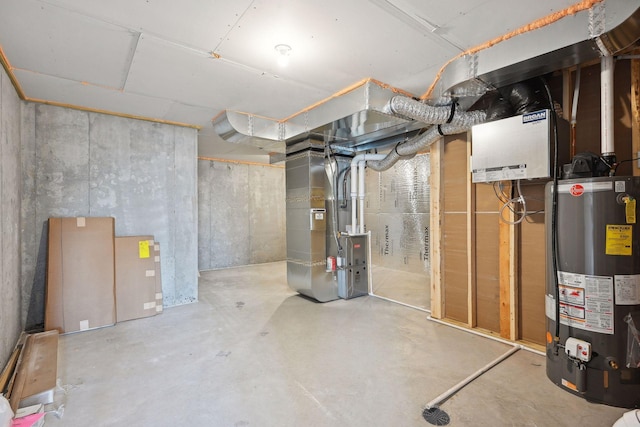 unfinished below grade area with gas water heater and heating unit