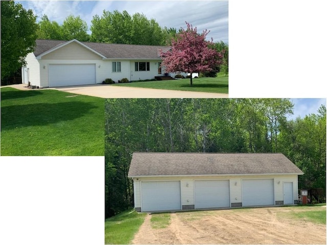 ranch-style house featuring a front lawn, an outbuilding, and a detached garage