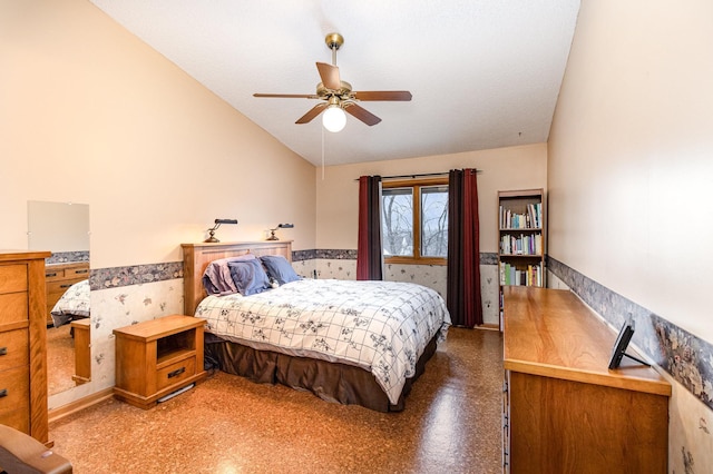 bedroom with lofted ceiling and ceiling fan