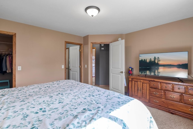bedroom featuring a closet, carpet flooring, and a walk in closet