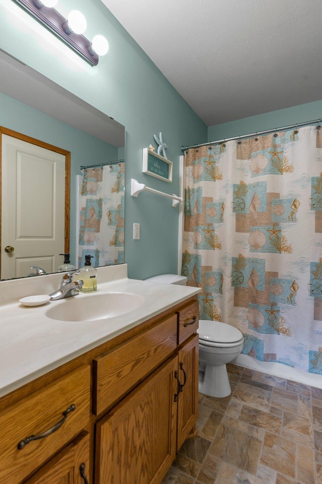 bathroom with toilet, stone finish flooring, curtained shower, and vanity